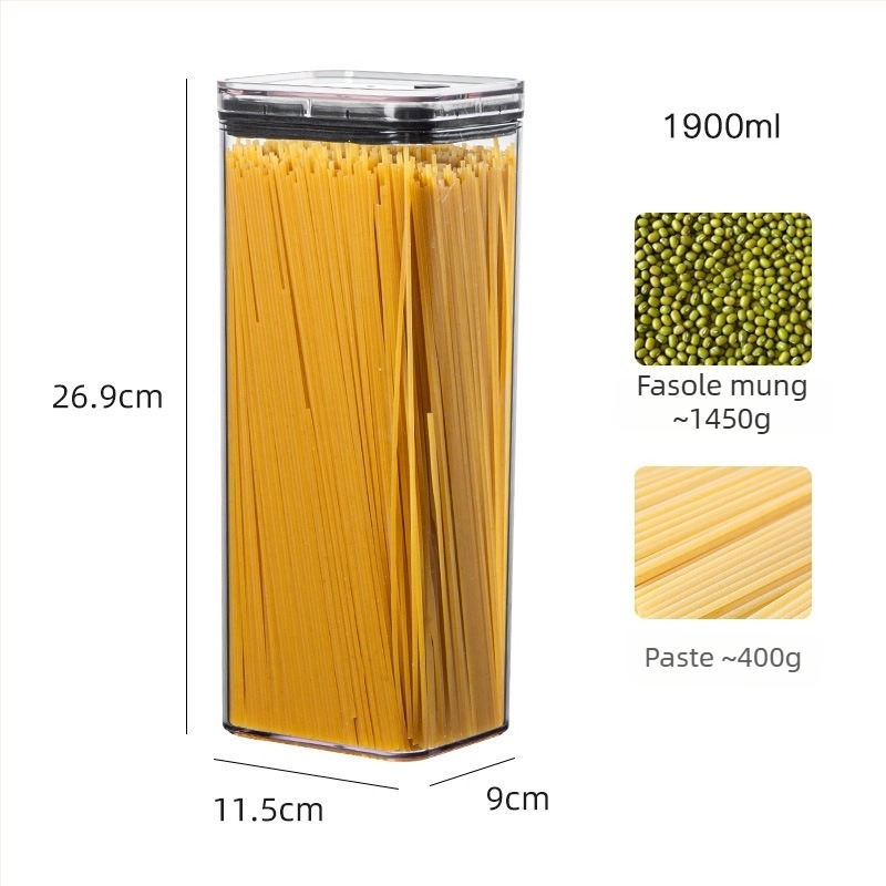 Recipient plastic transparent cu vacuum, capacitate 1–2 L, pătrat, pentru nuci, cafea și cereale