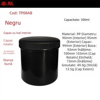 Recipient plastic pentru pulbere PP, gură deschisă, corp drept, capac filet, etichete autoadezive