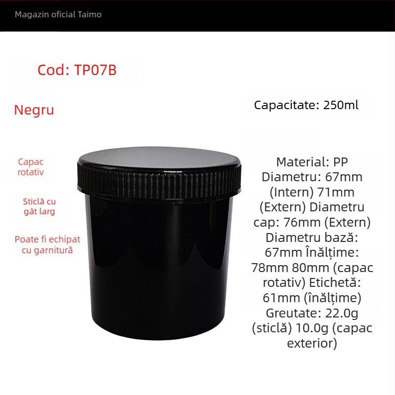 Recipient plastic pentru pulbere PP, gură deschisă, corp drept, capac filet, etichete autoadezive