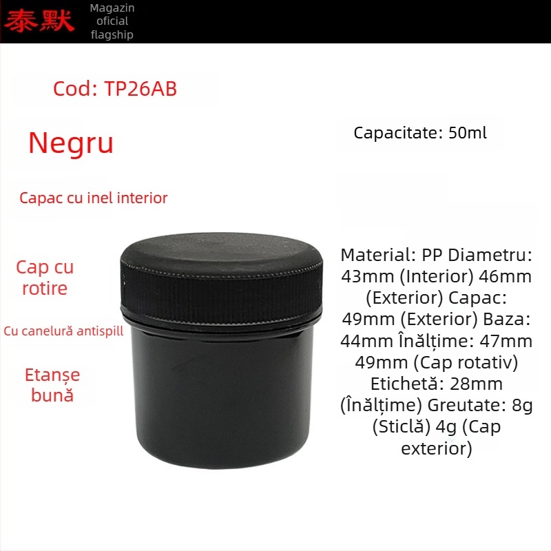 Recipient plastic pentru pulbere PP, gură deschisă, corp drept, capac filet, etichete autoadezive