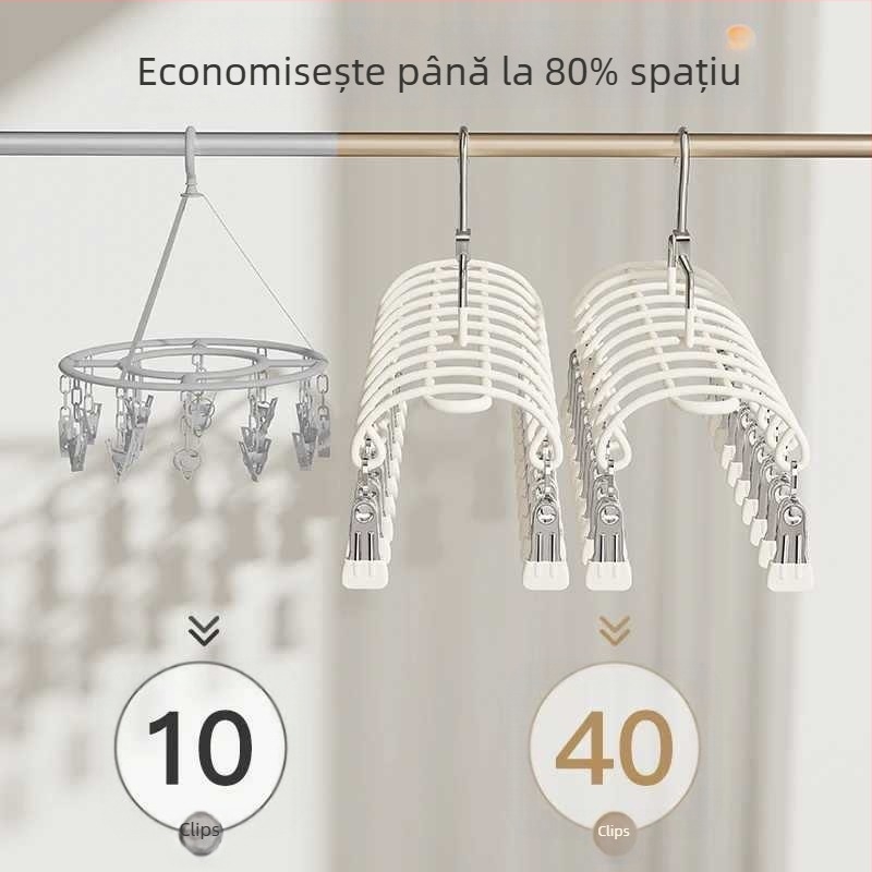 Umeraș cu mai multe clipsuri din oțel inoxidabil, design modern minimalist; potrivit pentru haine, pantaloni și cravate; marcă privată autorizată