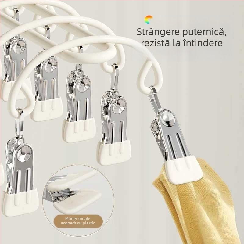 Umeraș cu mai multe clipsuri din oțel inoxidabil, design modern minimalist; potrivit pentru haine, pantaloni și cravate; marcă privată autorizată