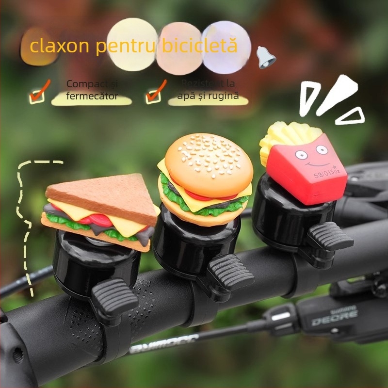 Clopot de bicicletă din fier, cu motif burger și decor de cartofi prăjiți și sandviș