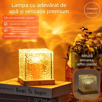 Lampă de noapte din lemn masiv cu valuri de apă, control de la distanță și control prin aplicație, alimentată de baterie, lampă de masă