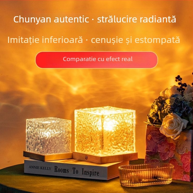 Lampă de noapte din lemn masiv cu valuri de apă, control de la distanță și control prin aplicație, alimentată de baterie, lampă de masă