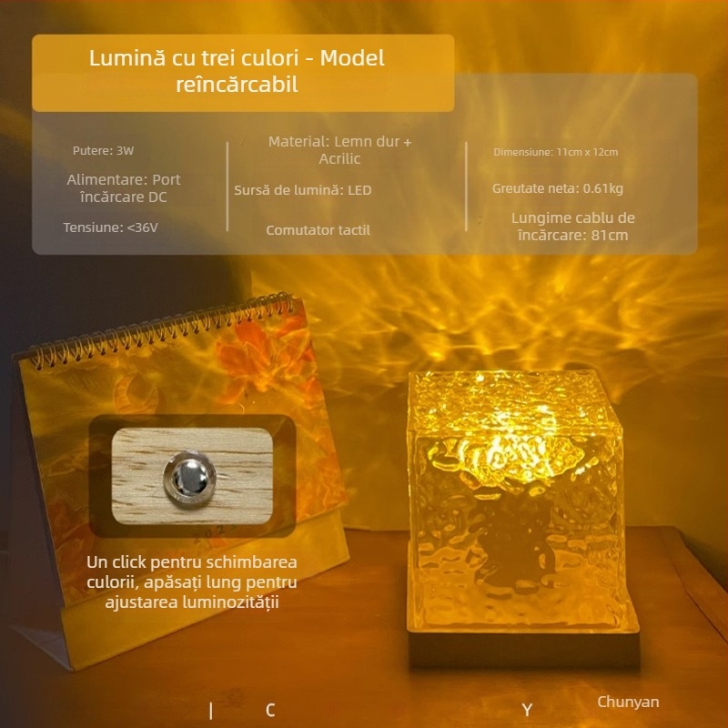 Lampă de noapte din lemn masiv cu valuri de apă, control de la distanță și control prin aplicație, alimentată de baterie, lampă de masă