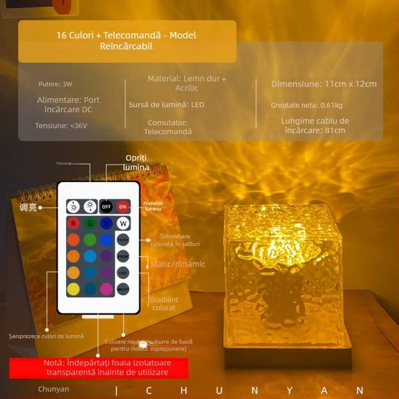 Lampă de noapte din lemn masiv cu valuri de apă, control de la distanță și control prin aplicație, alimentată de baterie, lampă de masă