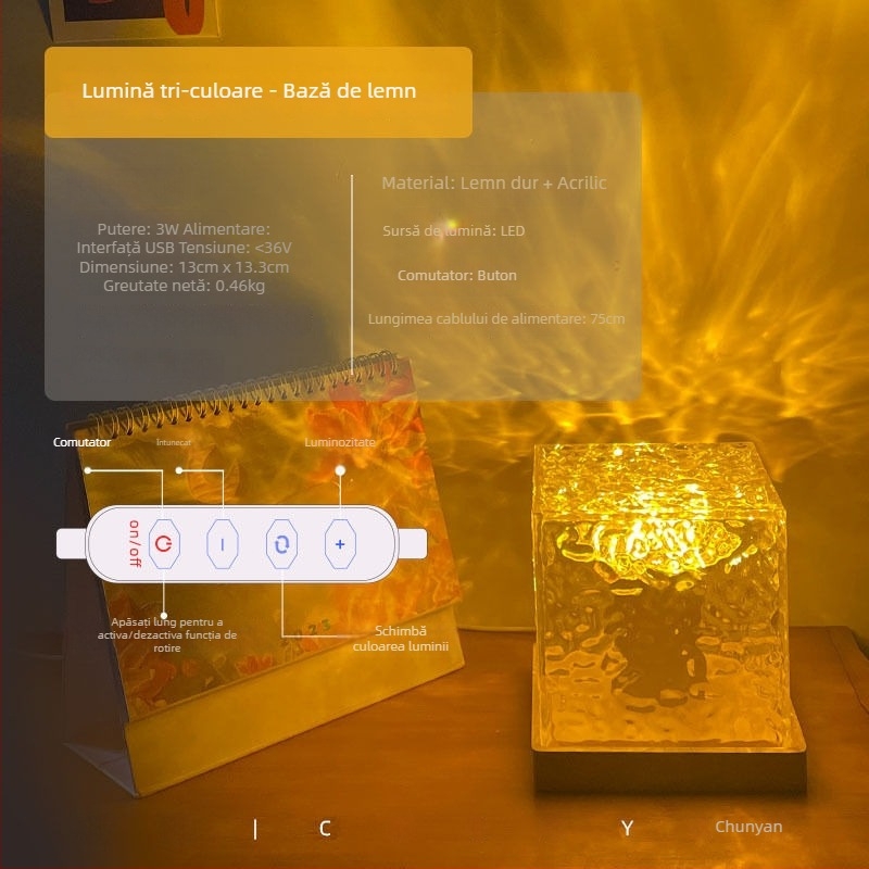 Lampă de noapte din lemn masiv cu valuri de apă, control de la distanță și control prin aplicație, alimentată de baterie, lampă de masă