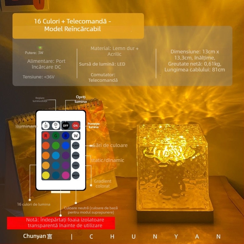 Lampă de noapte din lemn masiv cu valuri de apă, control de la distanță și control prin aplicație, alimentată de baterie, lampă de masă