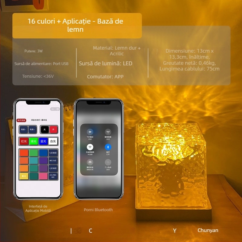 Lampă de noapte din lemn masiv cu valuri de apă, control de la distanță și control prin aplicație, alimentată de baterie, lampă de masă
