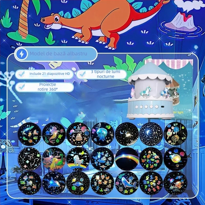 Proiector cu cer înstelat pentru copii – alimentare USB, redare muzică, reglare luminozitate, montare pe masă