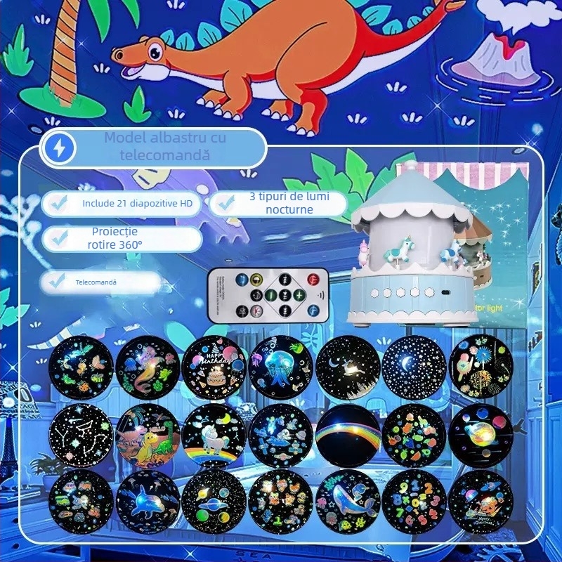 Proiector cu cer înstelat pentru copii – alimentare USB, redare muzică, reglare luminozitate, montare pe masă