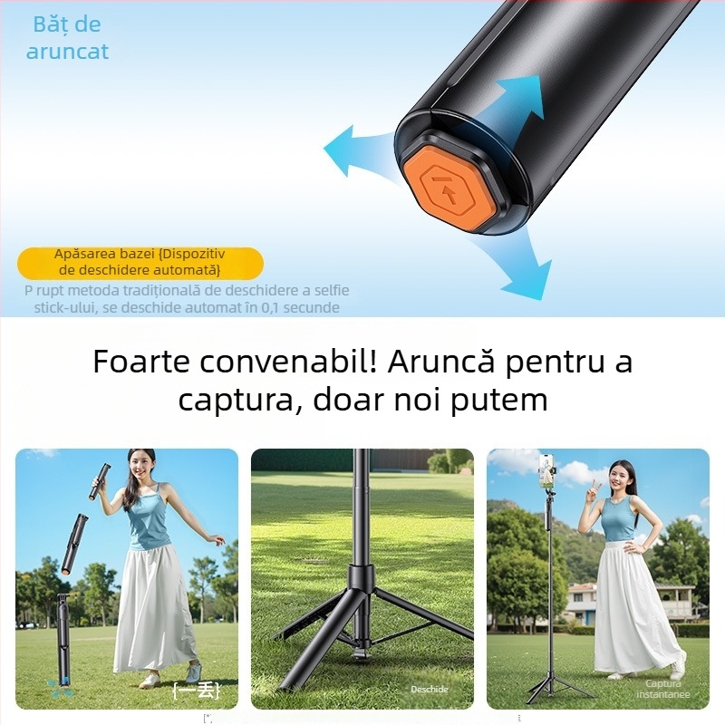Selfie Stick cu Trepied pentru Telefon, Universal, Stabilizare Anti-Șoc, Rotire 360°, Telecomandă Bluetooth, Iluminare LED