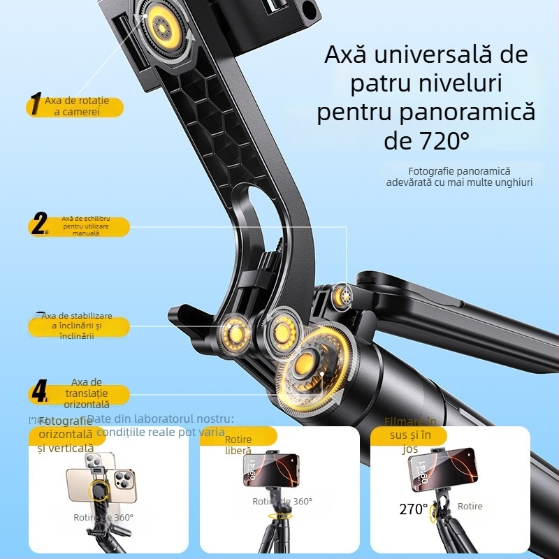 Selfie Stick cu Trepied pentru Telefon, Universal, Stabilizare Anti-Șoc, Rotire 360°, Telecomandă Bluetooth, Iluminare LED