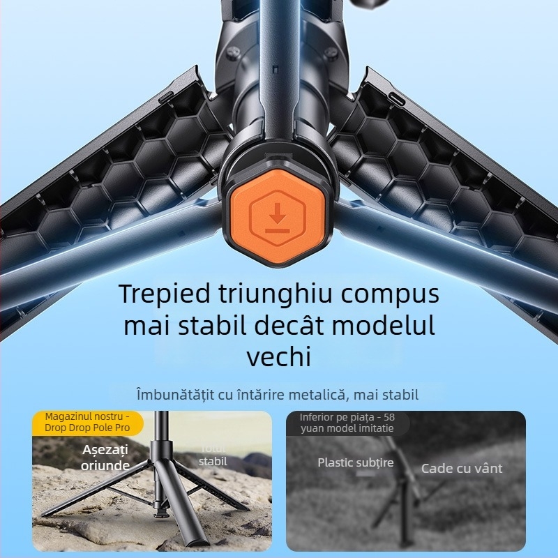 Selfie Stick cu Trepied pentru Telefon, Universal, Stabilizare Anti-Șoc, Rotire 360°, Telecomandă Bluetooth, Iluminare LED