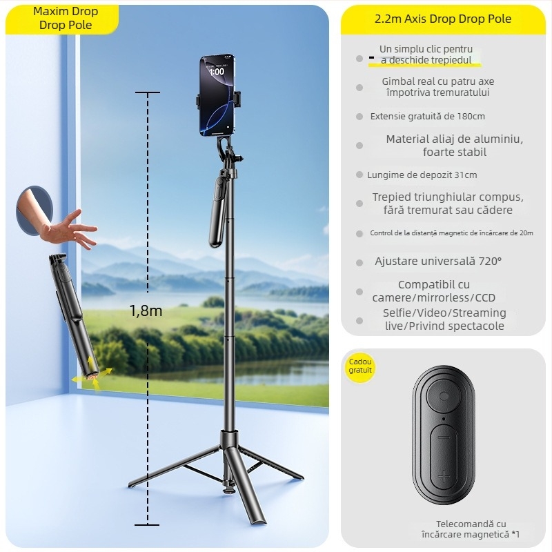 Selfie Stick cu Trepied pentru Telefon, Universal, Stabilizare Anti-Șoc, Rotire 360°, Telecomandă Bluetooth, Iluminare LED