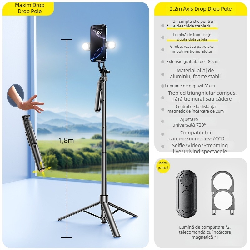 Selfie Stick cu Trepied pentru Telefon, Universal, Stabilizare Anti-Șoc, Rotire 360°, Telecomandă Bluetooth, Iluminare LED