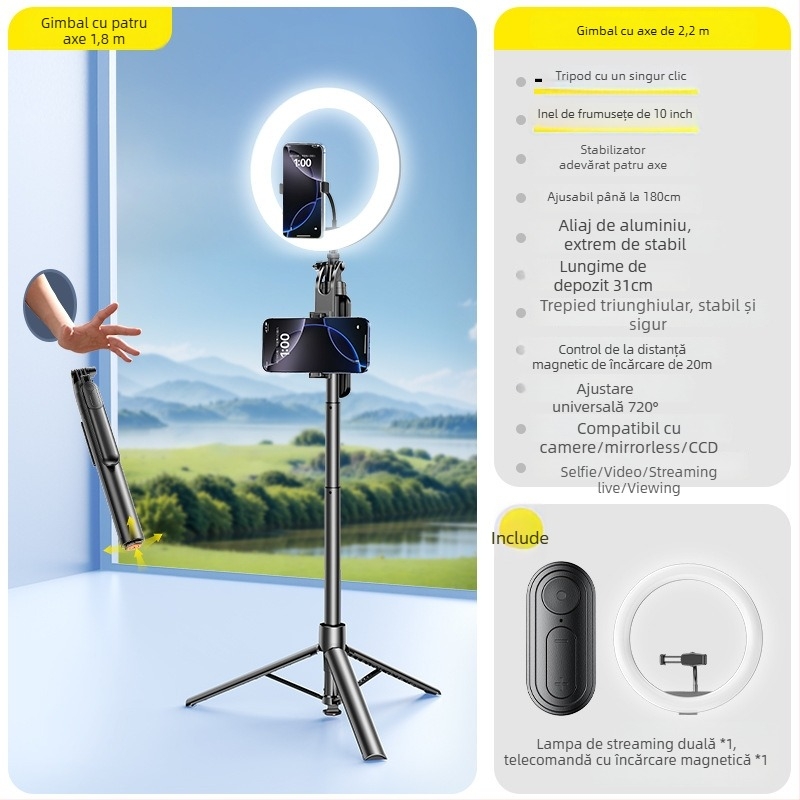 Selfie Stick cu Trepied pentru Telefon, Universal, Stabilizare Anti-Șoc, Rotire 360°, Telecomandă Bluetooth, Iluminare LED