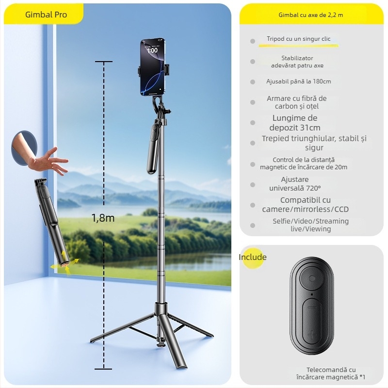 Selfie Stick cu Trepied pentru Telefon, Universal, Stabilizare Anti-Șoc, Rotire 360°, Telecomandă Bluetooth, Iluminare LED