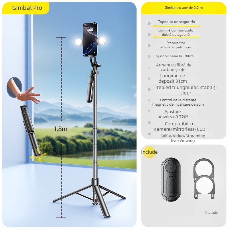 Selfie Stick cu Trepied pentru Telefon, Universal, Stabilizare Anti-Șoc, Rotire 360°, Telecomandă Bluetooth, Iluminare LED