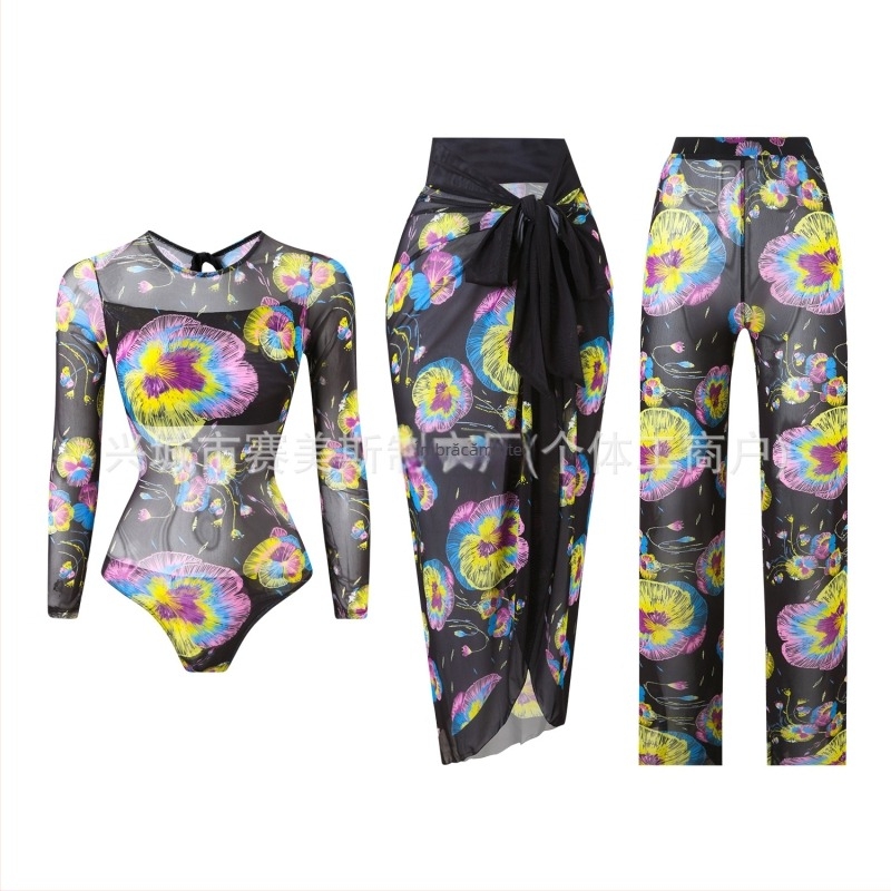 Costum de baie întreg cu mâneci lungi, protecție solară, set din trei piese cu pantaloni din plasă, pernă pentru bust, poliester, pentru femei