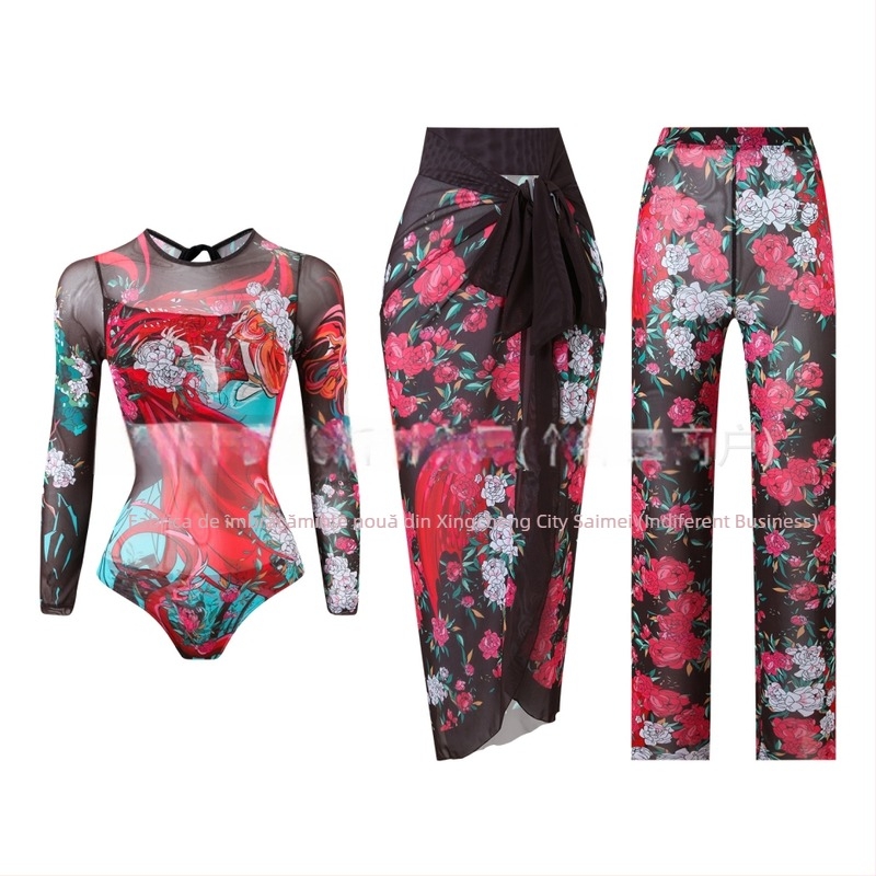 Costum de baie întreg cu mâneci lungi, protecție solară, set din trei piese cu pantaloni din plasă, pernă pentru bust, poliester, pentru femei