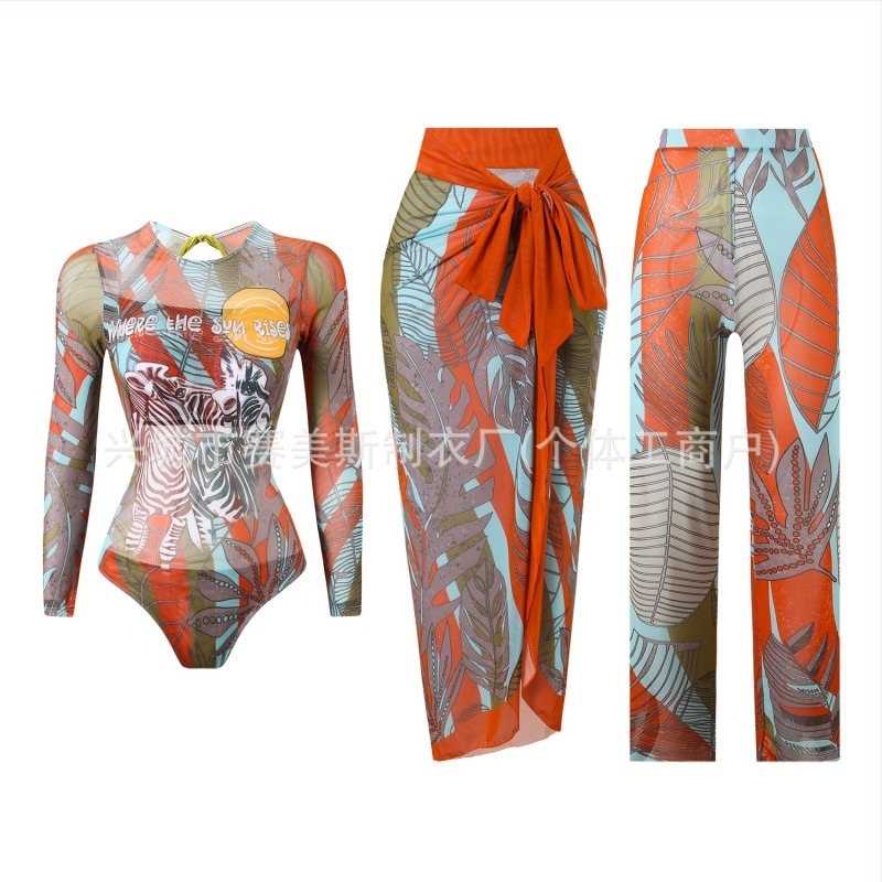 Costum de baie întreg cu mâneci lungi, protecție solară, set din trei piese cu pantaloni din plasă, pernă pentru bust, poliester, pentru femei