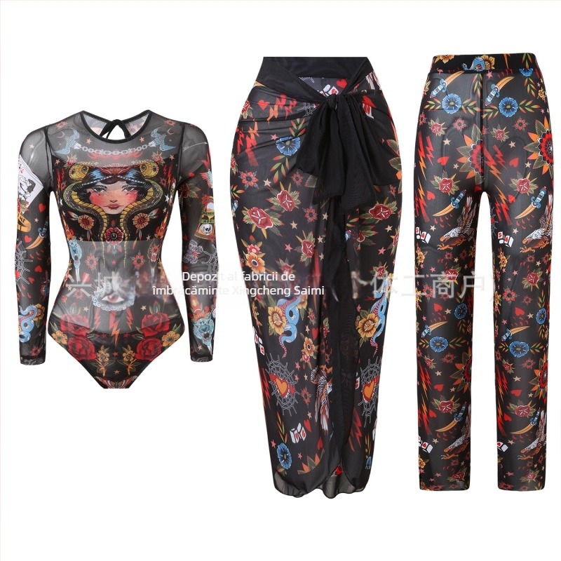 Costum de baie întreg cu mâneci lungi, protecție solară, set din trei piese cu pantaloni din plasă, pernă pentru bust, poliester, pentru femei