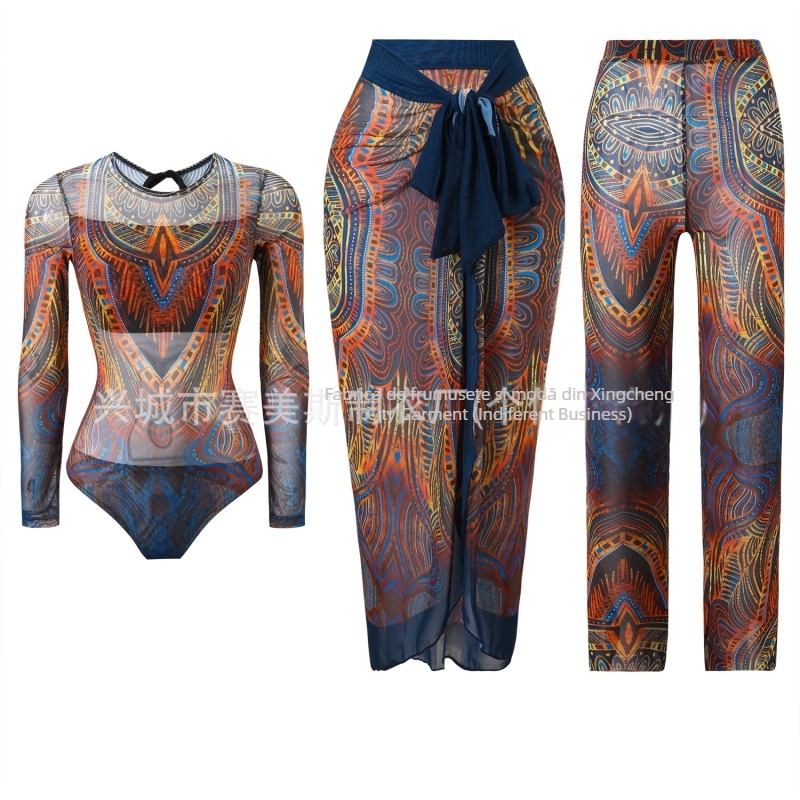 Costum de baie întreg cu mâneci lungi, protecție solară, set din trei piese cu pantaloni din plasă, pernă pentru bust, poliester, pentru femei