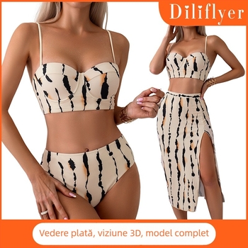 Set de baie din trei piese, costum cu imprimeu și fustă lungă, cu burete pentru bust și suport metalic, material poliester, uscare rapidă