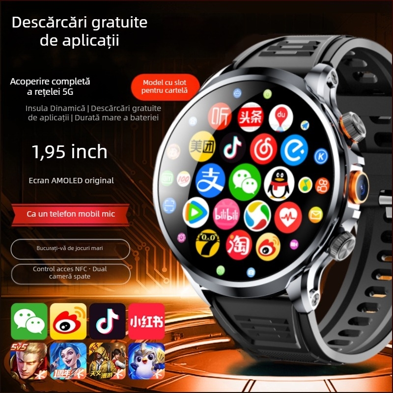 Ceas inteligent cu slot SIM, cadran circular, cameră, pedometru, monitorizare ritm cardiac