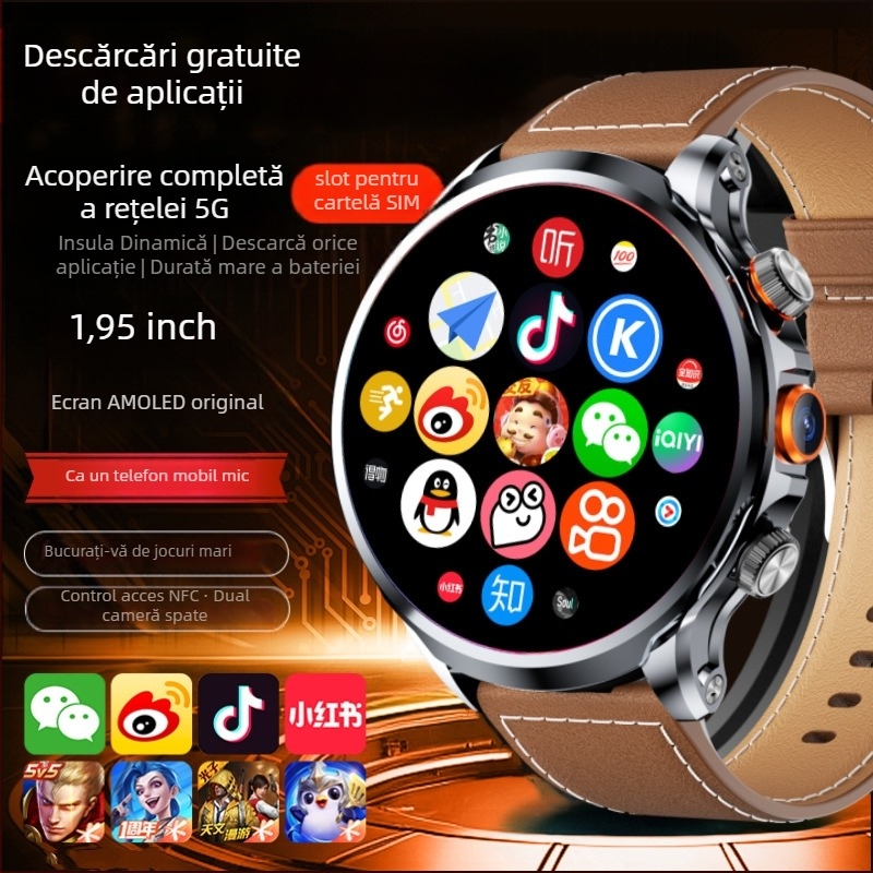 Ceas inteligent cu slot SIM, cadran circular, cameră, pedometru, monitorizare ritm cardiac