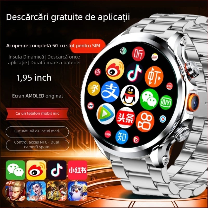 Ceas inteligent cu slot SIM, cadran circular, cameră, pedometru, monitorizare ritm cardiac