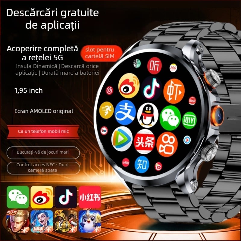 Ceas inteligent cu slot SIM, cadran circular, cameră, pedometru, monitorizare ritm cardiac