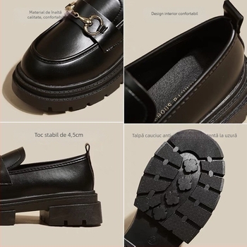 Loafers pentru femei — vârf rotund, toc plat, slip-on, talpă din cauciuc, PU vamp