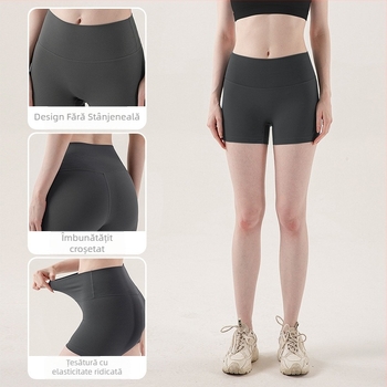 Șorturi sport feminine, talie medie, croială strânsă, uscare rapidă, 75% spandex, fără căptușeală
