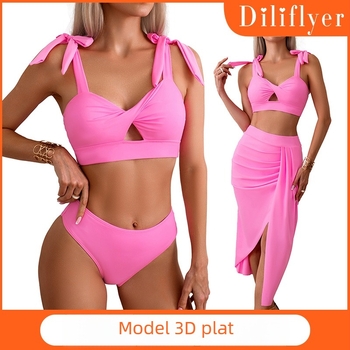 Costum de baie din nylon pentru femei, set trei piese, culoare solidă, uscare rapidă, elasticitate înaltă, cupe cu căptușală fără suport metalic.