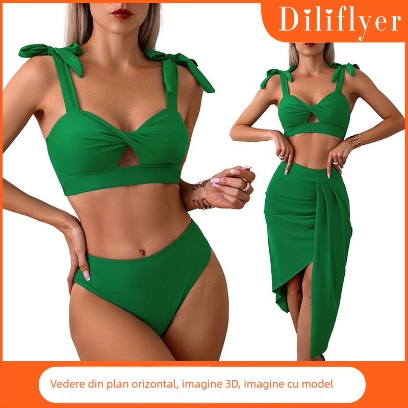 Costum de baie din nylon pentru femei, set trei piese, culoare solidă, uscare rapidă, elasticitate înaltă, cupe cu căptușală fără suport metalic.