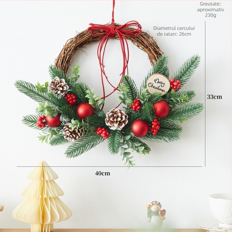 Decorațiune de ușă pentru Crăciun, din lemn și PVC, marca First Flower, stil Ins