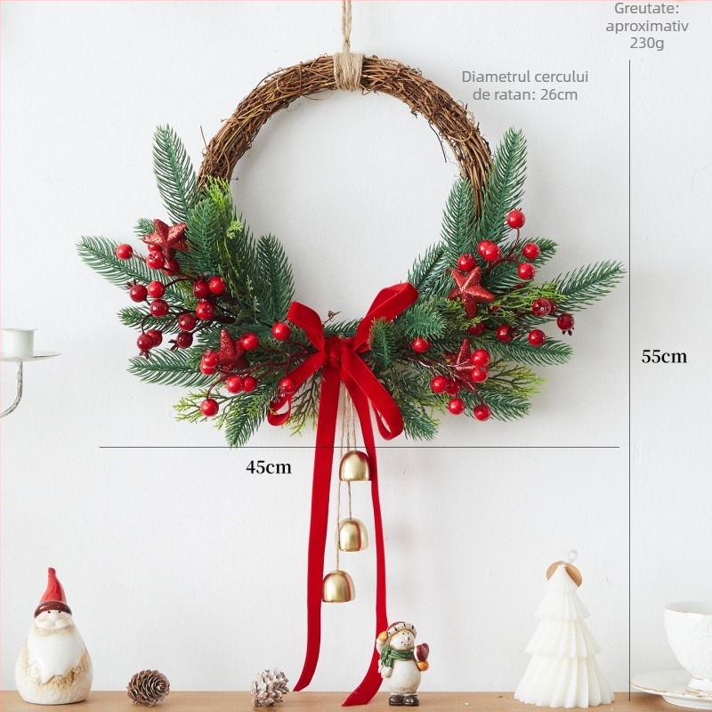 Decorațiune de ușă pentru Crăciun, din lemn și PVC, marca First Flower, stil Ins