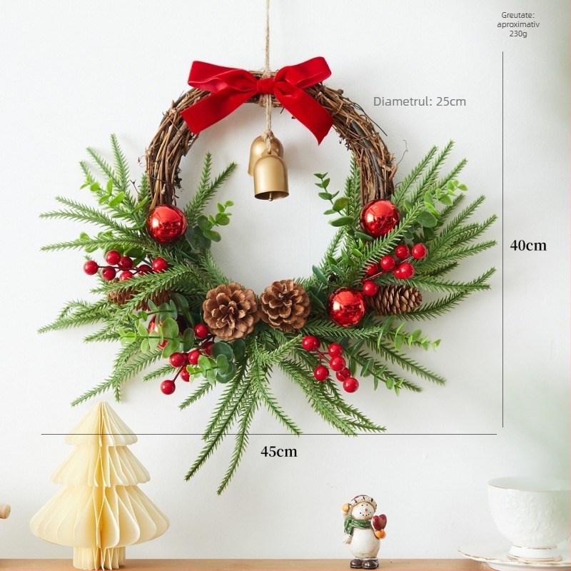 Decorațiune de ușă pentru Crăciun, din lemn și PVC, marca First Flower, stil Ins