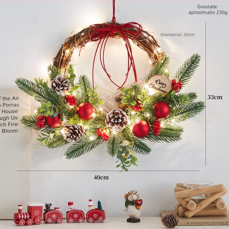 Decorațiune de ușă pentru Crăciun, din lemn și PVC, marca First Flower, stil Ins