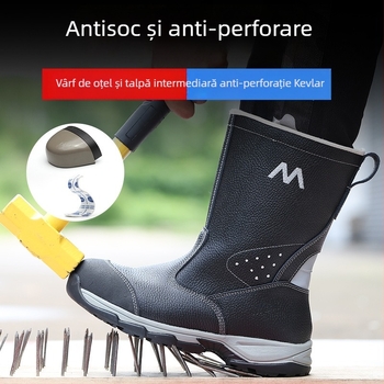Bocanci de protecție cu vârf din oțel, încălțăminte de lucru din piele de vițel, înalte, protecție împotriva loviturilor și perforării