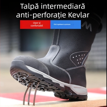 Bocanci de protecție cu vârf din oțel, încălțăminte de lucru din piele de vițel, înalte, protecție împotriva loviturilor și perforării