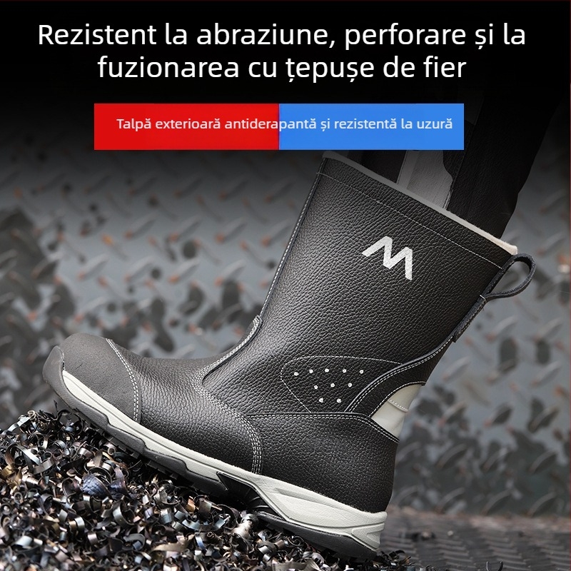 Bocanci de protecție cu vârf din oțel, încălțăminte de lucru din piele de vițel, înalte, protecție împotriva loviturilor și perforării