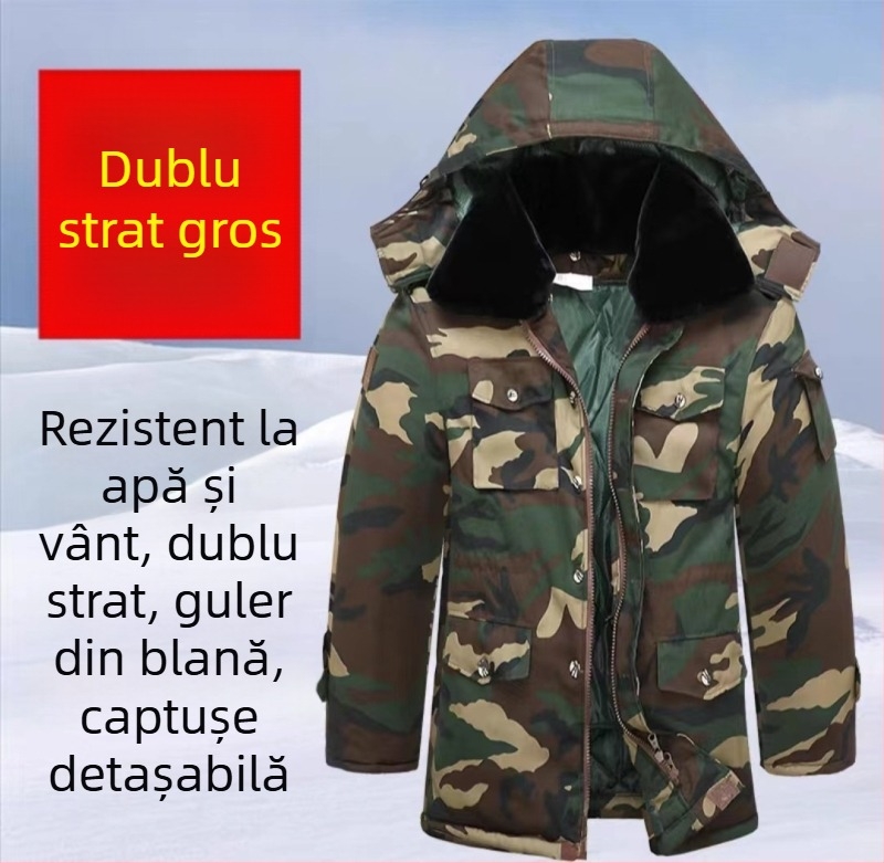 Palton camuflaj militar pentru iarnă – impermeabil, rezistent la vânt și cald, țesătură din amestec de bumbac, lungime medie
