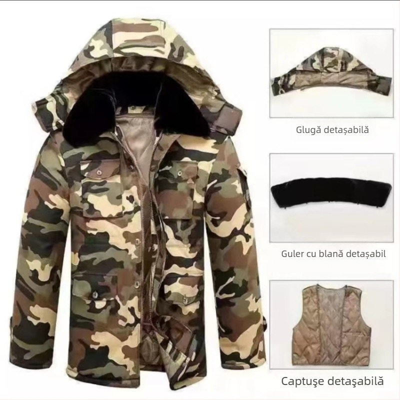 Palton camuflaj militar pentru iarnă – impermeabil, rezistent la vânt și cald, țesătură din amestec de bumbac, lungime medie