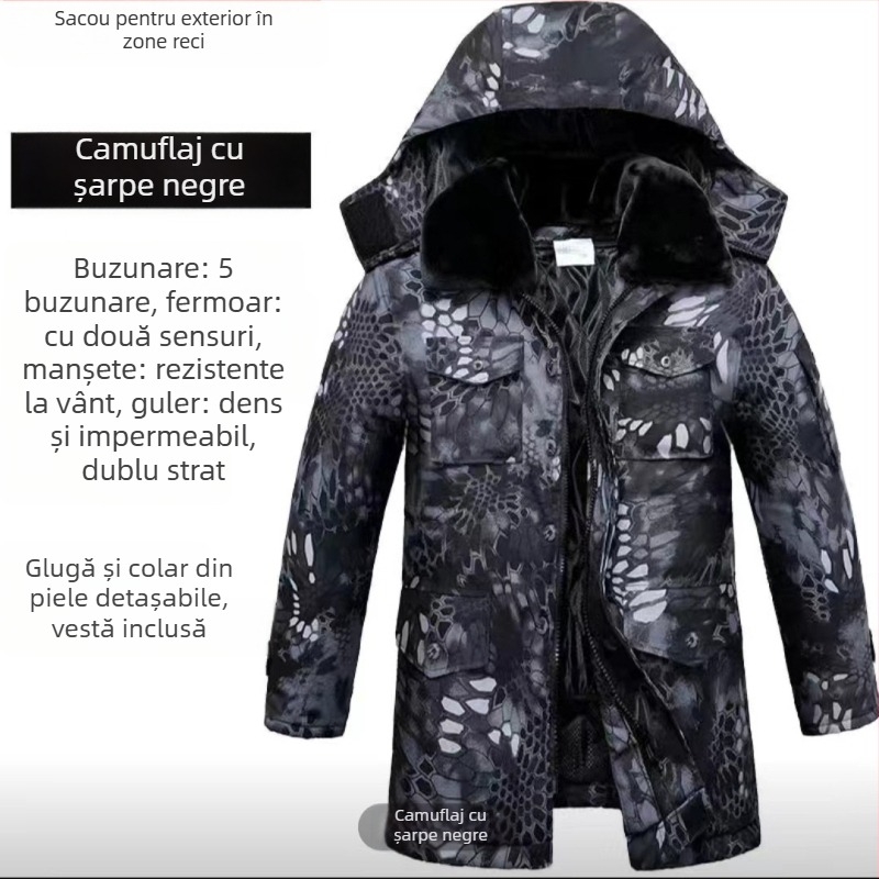 Palton camuflaj militar pentru iarnă – impermeabil, rezistent la vânt și cald, țesătură din amestec de bumbac, lungime medie