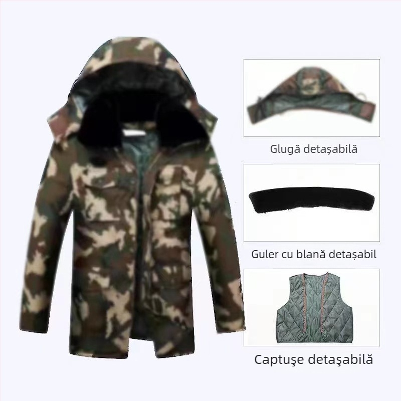 Palton camuflaj militar pentru iarnă – impermeabil, rezistent la vânt și cald, țesătură din amestec de bumbac, lungime medie