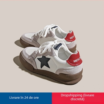 Adidași casual pentru femei, cu upper din piele de vită, talpă groasă 3-5 cm și închidere cu șireturi pe față.